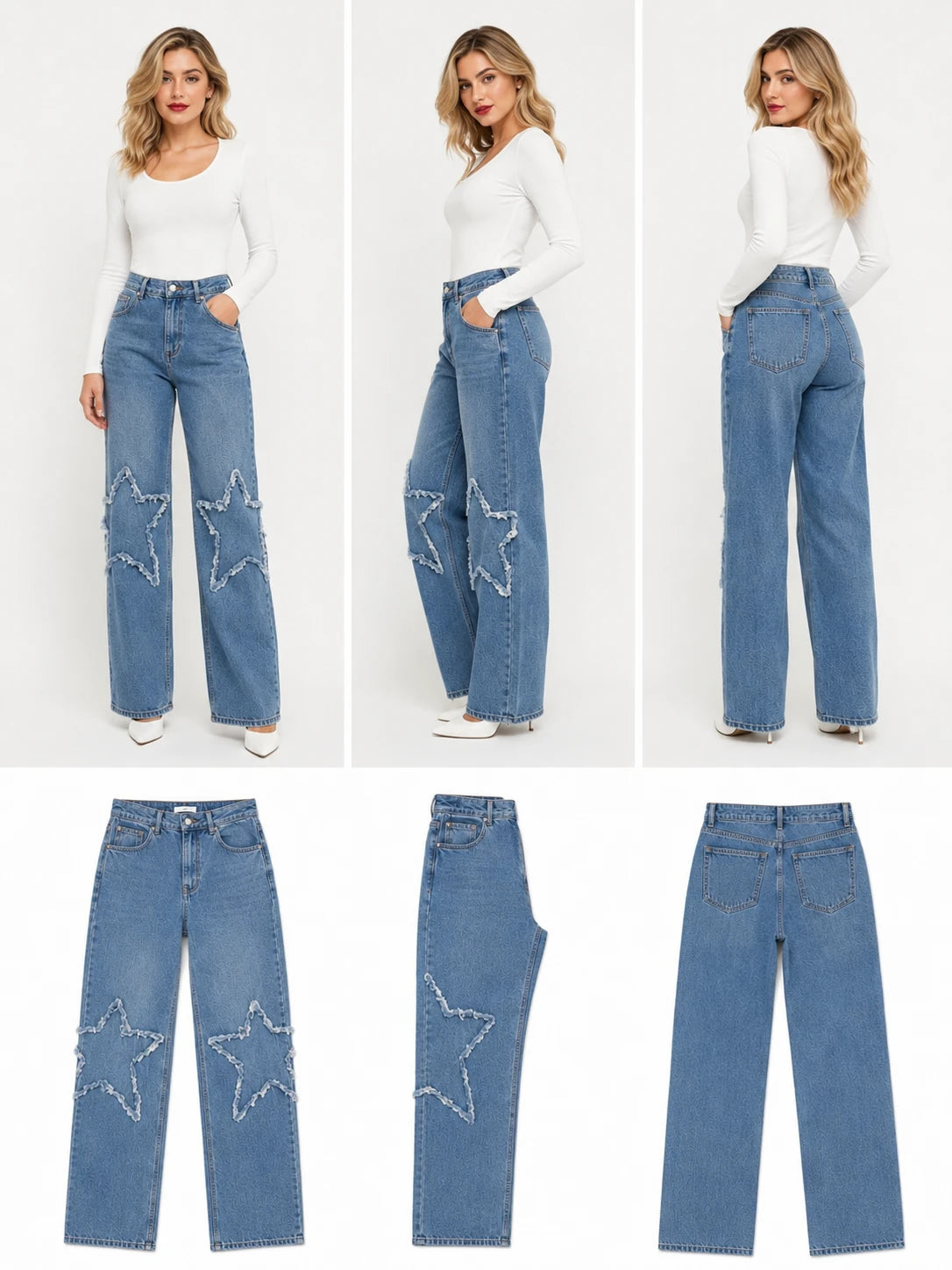 بنطلون جينز Wide Leg بتطريز نجوم