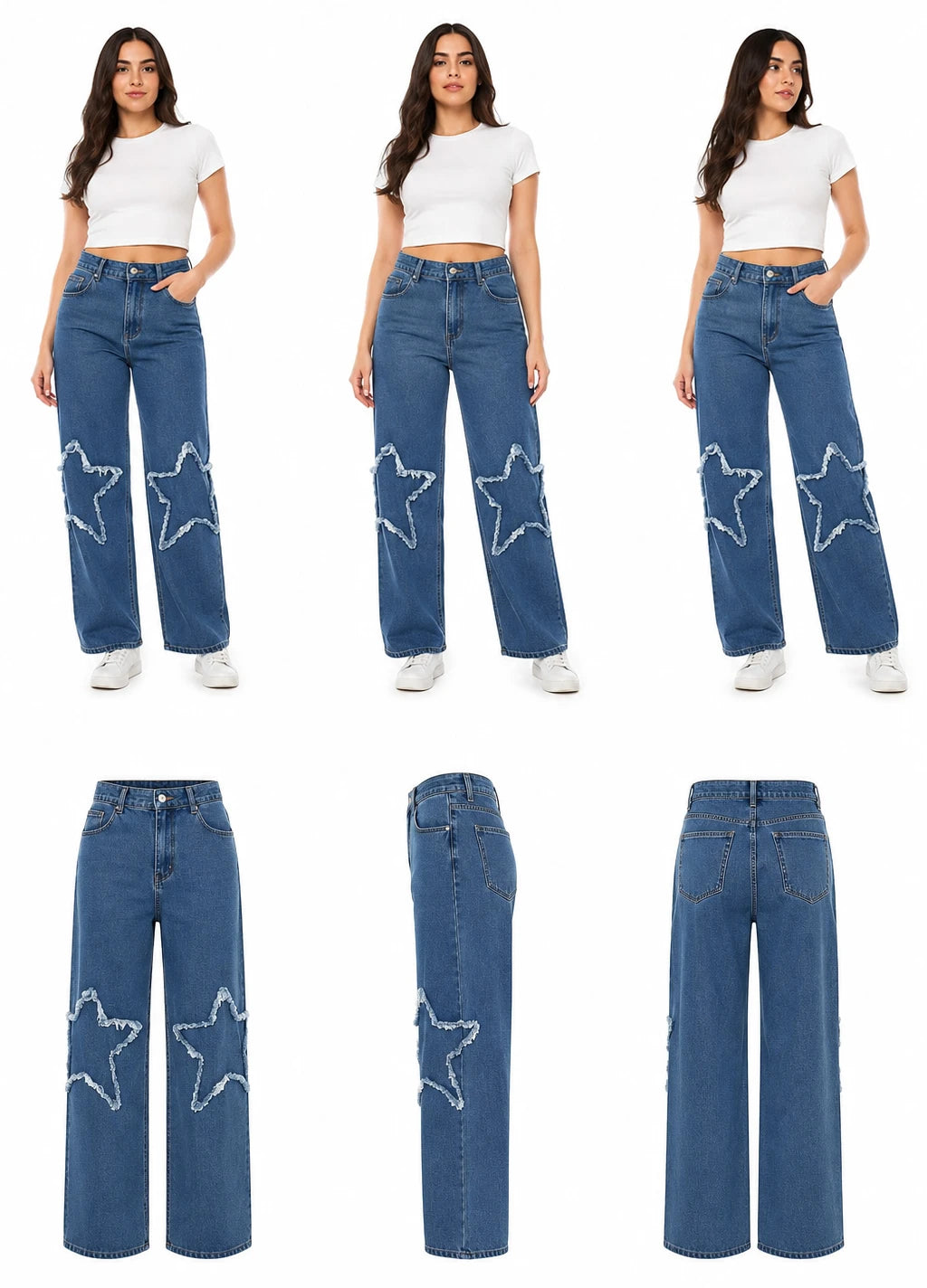 بنطلون جينز Wide Leg بتطريز نجوم