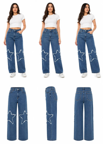 بنطلون جينز Wide Leg بتطريز نجوم