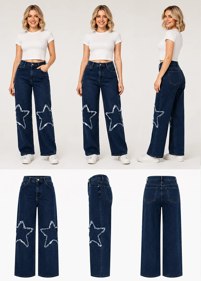 بنطلون جينز Wide Leg بتطريز نجوم