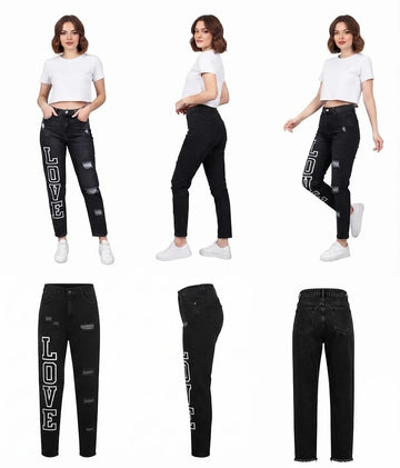 بنطلون جينز LOVE بقصة Mom Fit