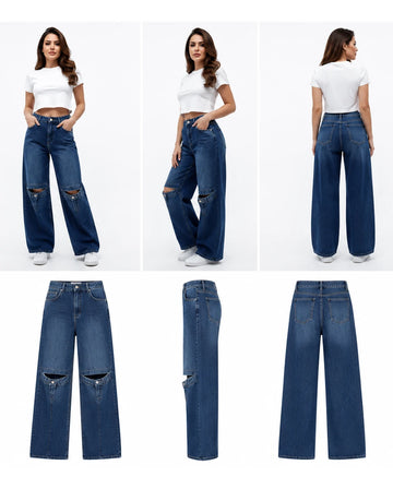 بنطلون جينز Wide Leg بفتحات عند الركبة