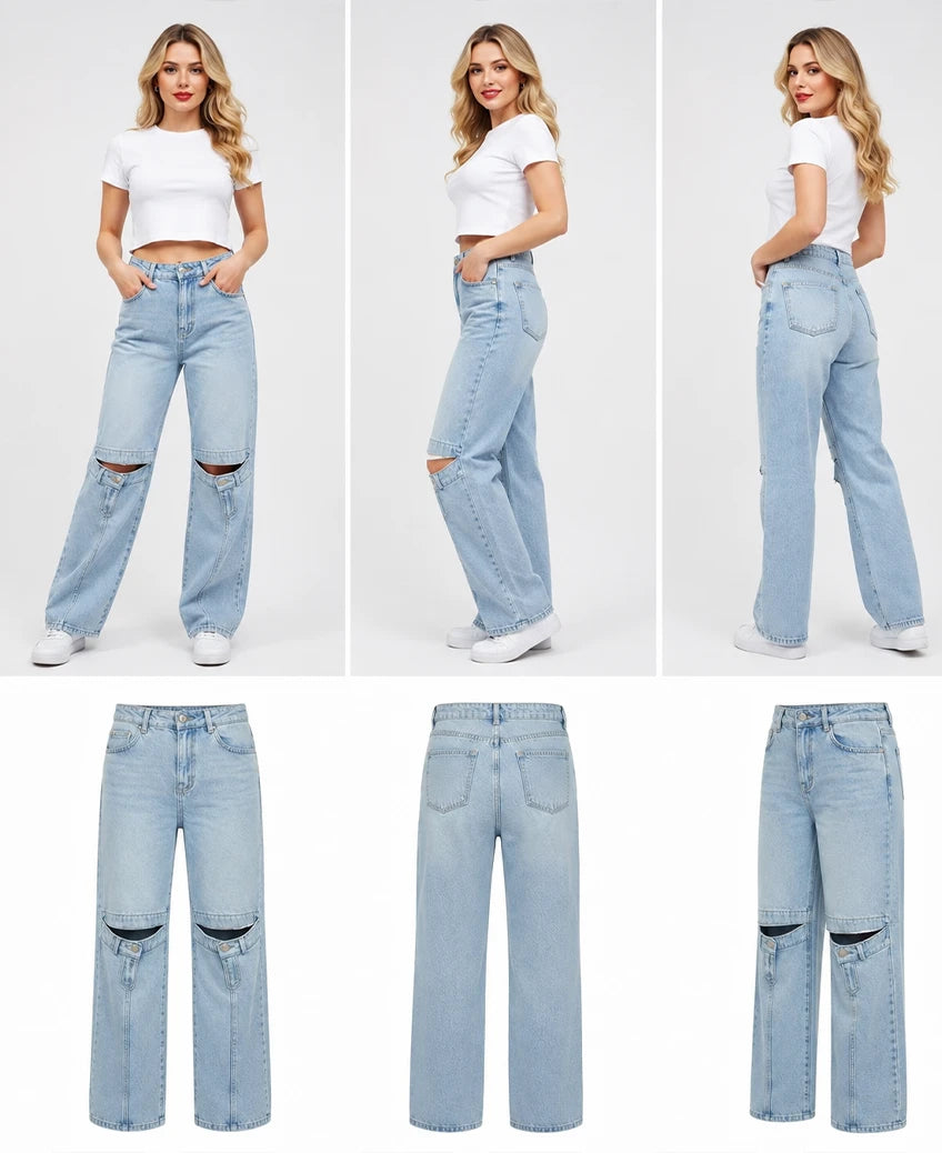 بنطلون جينز Wide Leg بفتحات عند الركبة