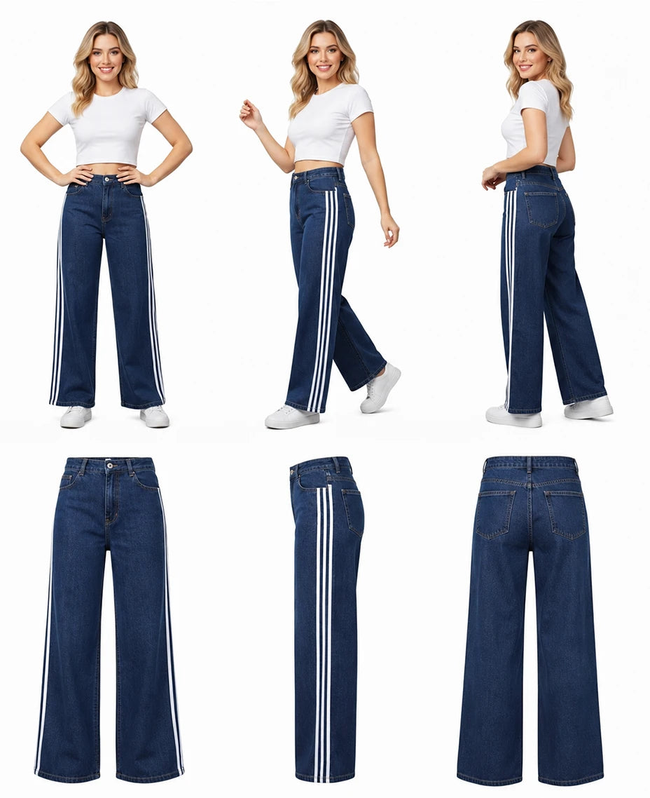 Sporty Wide Leg Denim Jeans