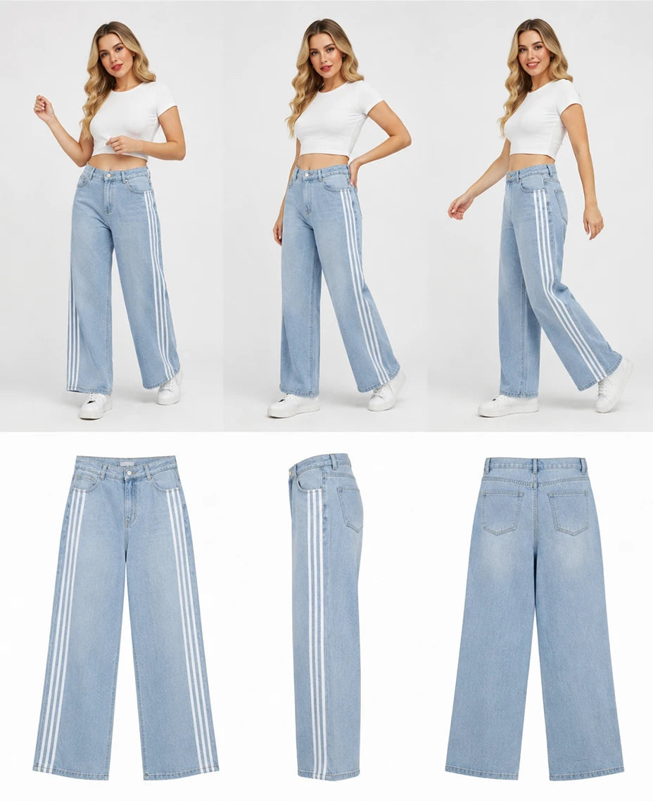 Sporty Wide Leg Denim Jeans