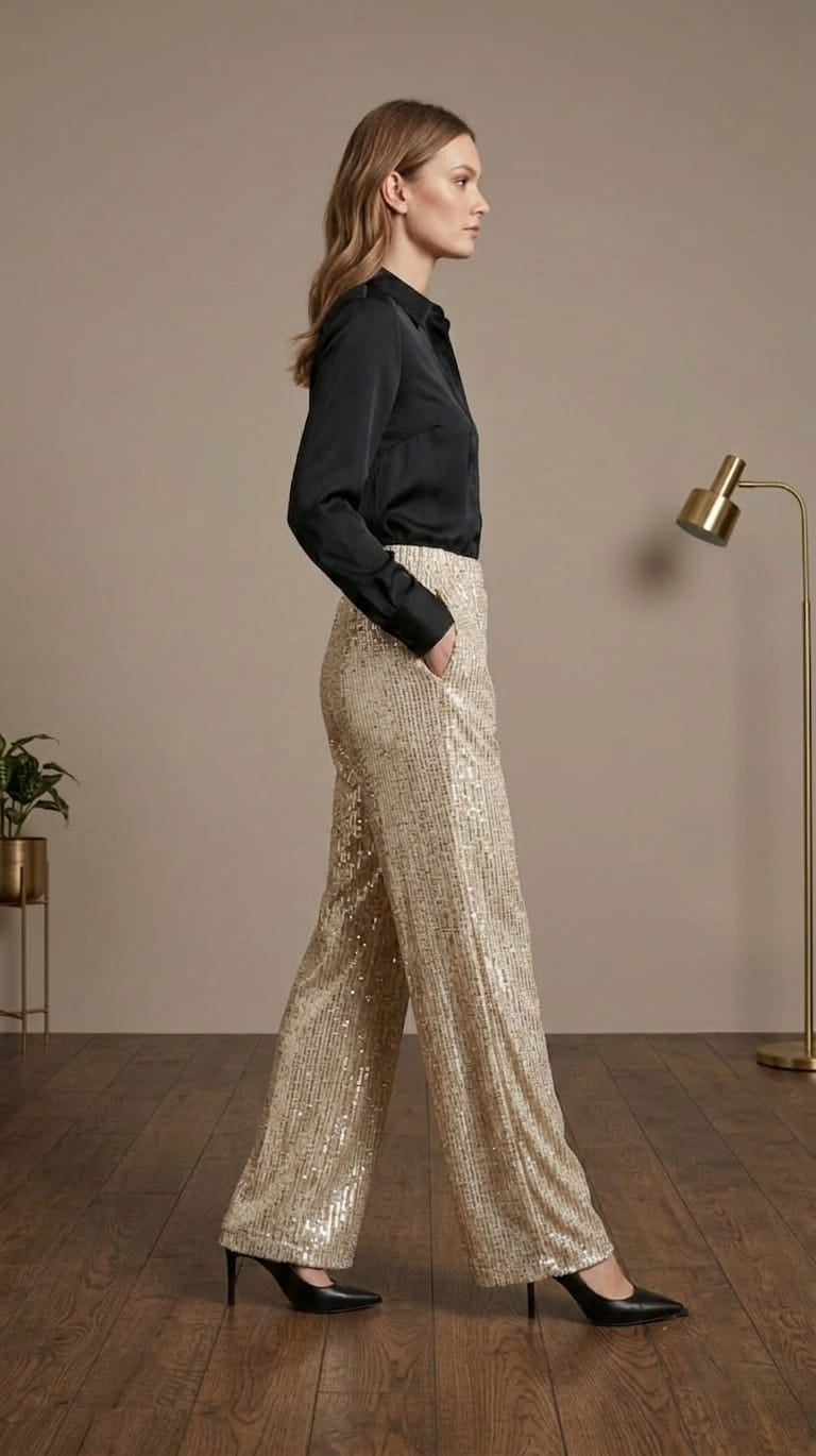 Straight-cut glitter trousers
